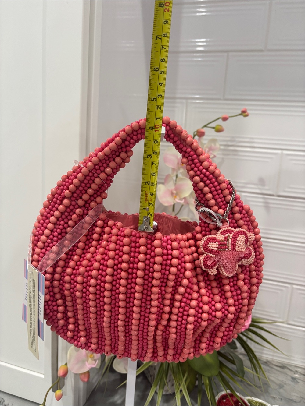 Viral hand beaded bag Handcrafted Pink Bag with Floral Charm - Picture 12 of 12